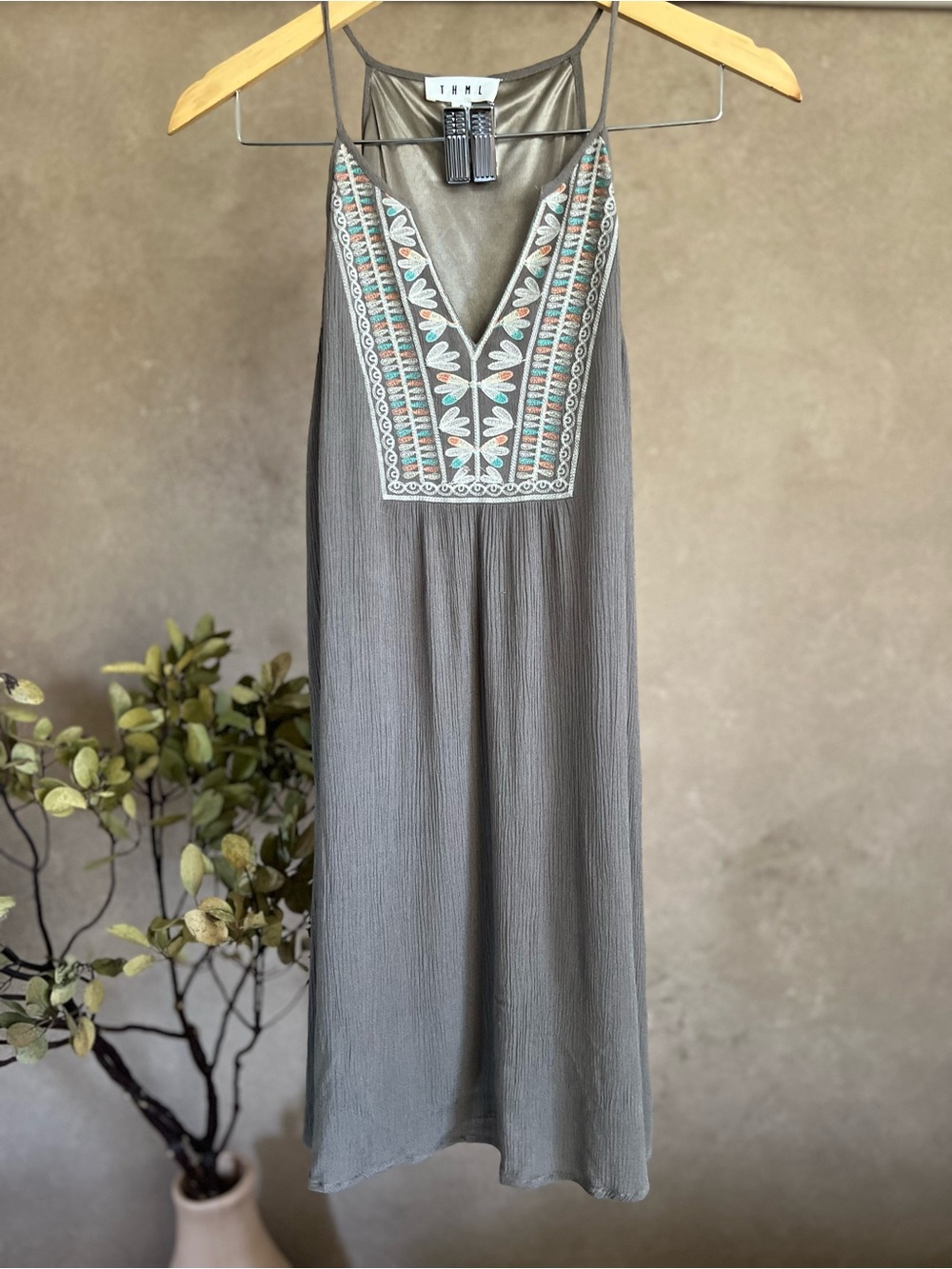 THML Olive Brown Garden Girl Embroidered V-Neck Slip Mini Dress
